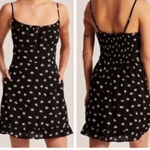 Abercrombie Fitch Y2K Mini Dress XL Tall Black Floral Milkmaid Lightweight Fairy